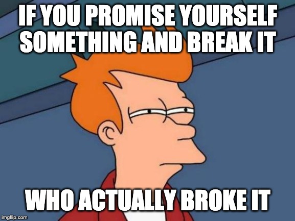 Futurama Fry | IF YOU PROMISE YOURSELF SOMETHING AND BREAK IT; WHO ACTUALLY BROKE IT | image tagged in memes,futurama fry | made w/ Imgflip meme maker