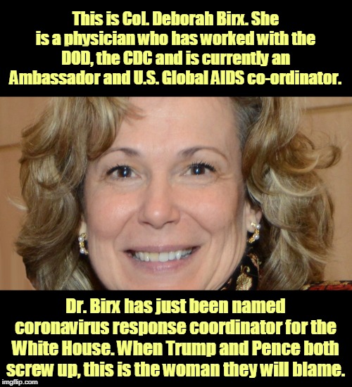 It's just a matter of time. | This is Col. Deborah Birx. She is a physician who has worked with the DOD, the CDC and is currently an Ambassador and U.S. Global AIDS co-ordinator. Dr. Birx has just been named coronavirus response coordinator for the White House. When Trump and Pence both screw up, this is the woman they will blame. | image tagged in army,defense,cdc,coronavirus,trump,pence | made w/ Imgflip meme maker