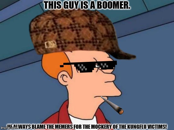 Futurama Fry | THIS GUY IS A BOOMER. HE ALWAYS BLAME THE MEMERS FOR THE MOCKERY OF THE KUNGFLU VICTIMS! | image tagged in memes,futurama fry | made w/ Imgflip meme maker