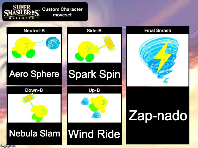 Smash Ultimate Custom Moveset | Aero Sphere; Spark Spin; Zap-nado; Nebula Slam; Wind Ride | image tagged in smash ultimate custom moveset | made w/ Imgflip meme maker