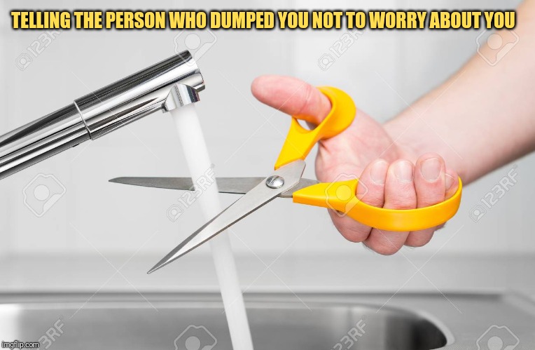 cutting water with scissors | TELLING THE PERSON WHO DUMPED YOU NOT TO WORRY ABOUT YOU | image tagged in cutting water with scissors | made w/ Imgflip meme maker
