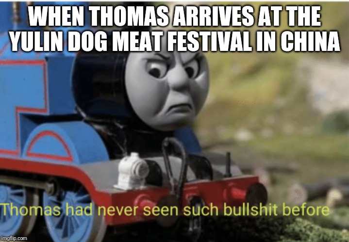 Thomas | WHEN THOMAS ARRIVES AT THE YULIN DOG MEAT FESTIVAL IN CHINA | image tagged in thomas | made w/ Imgflip meme maker