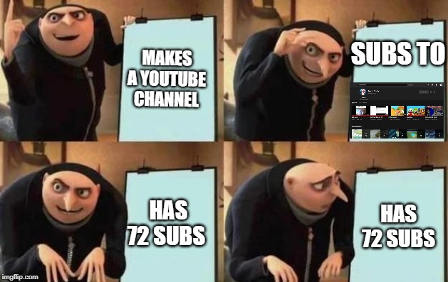 Gru's Plan | SUBS TO; MAKES A YOUTUBE CHANNEL; HAS 72 SUBS; HAS 72 SUBS | image tagged in gru's plan | made w/ Imgflip meme maker