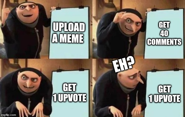 Gru's Plan | UPLOAD A MEME; GET 40 COMMENTS; EH? GET 1 UPVOTE; GET 1 UPVOTE | image tagged in gru's plan | made w/ Imgflip meme maker