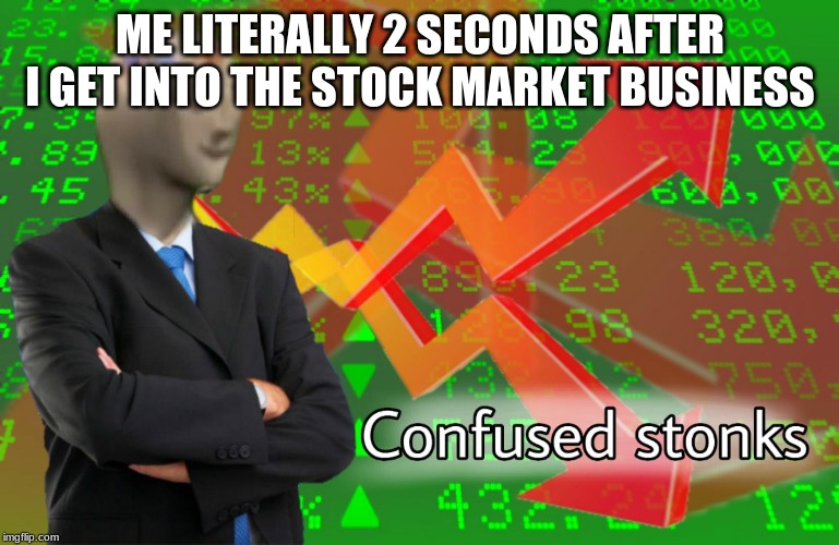Confused Stonks | ME LITERALLY 2 SECONDS AFTER I GET INTO THE STOCK MARKET BUSINESS | image tagged in confused stonks | made w/ Imgflip meme maker