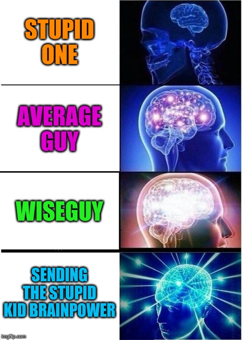 Expanding Brain | STUPID ONE; AVERAGE GUY; WISEGUY; SENDING THE STUPID KID BRAINPOWER | image tagged in memes,expanding brain,meme | made w/ Imgflip meme maker