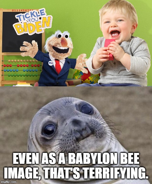 EVEN AS A BABYLON BEE IMAGE, THAT'S TERRIFYING. | image tagged in memes,awkward moment sealion | made w/ Imgflip meme maker