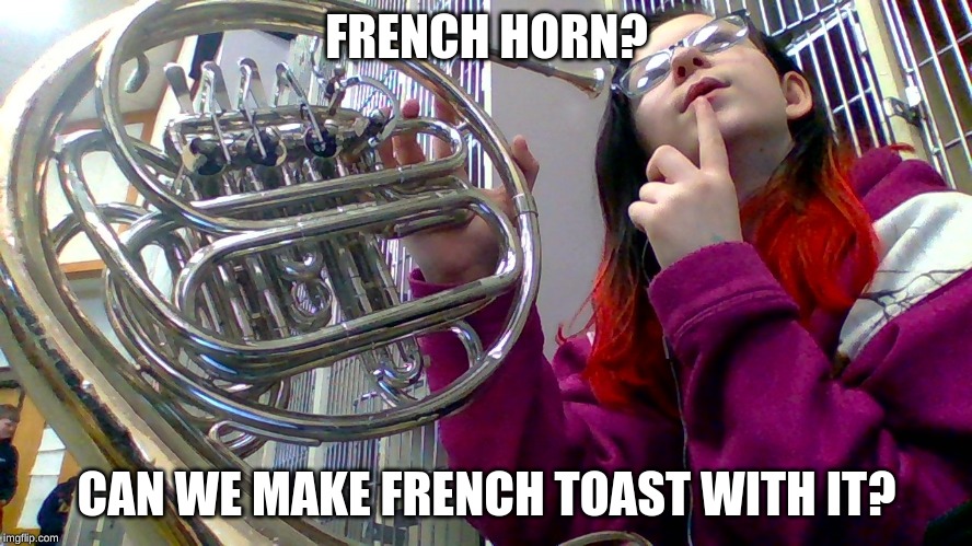 French horn. | FRENCH HORN? CAN WE MAKE FRENCH TOAST WITH IT? | image tagged in french_horn | made w/ Imgflip meme maker