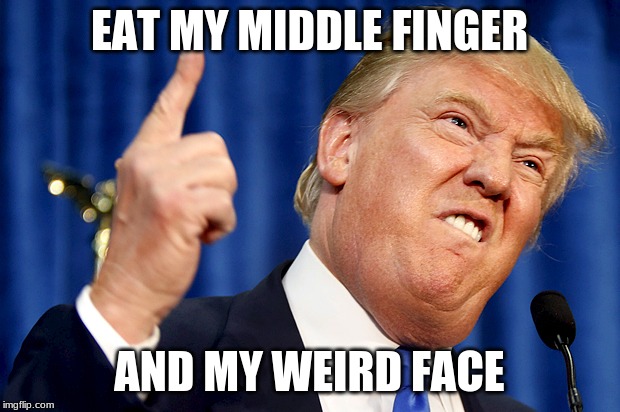 Donald Trump | EAT MY MIDDLE FINGER; AND MY WEIRD FACE | image tagged in donald trump | made w/ Imgflip meme maker
