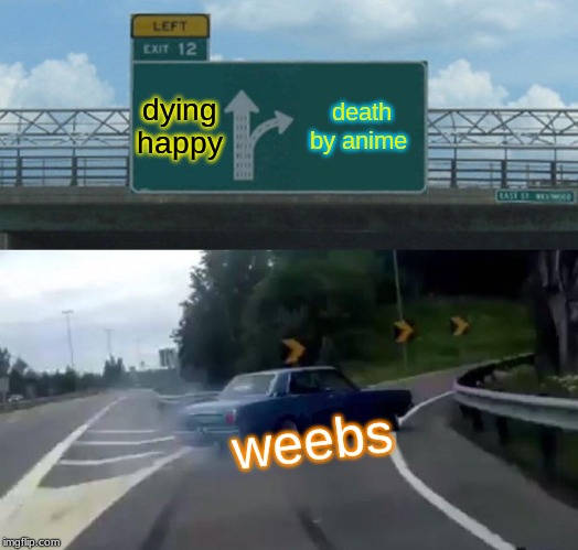 Left Exit 12 Off Ramp Meme | dying happy; death by anime; weebs | image tagged in memes,left exit 12 off ramp | made w/ Imgflip meme maker