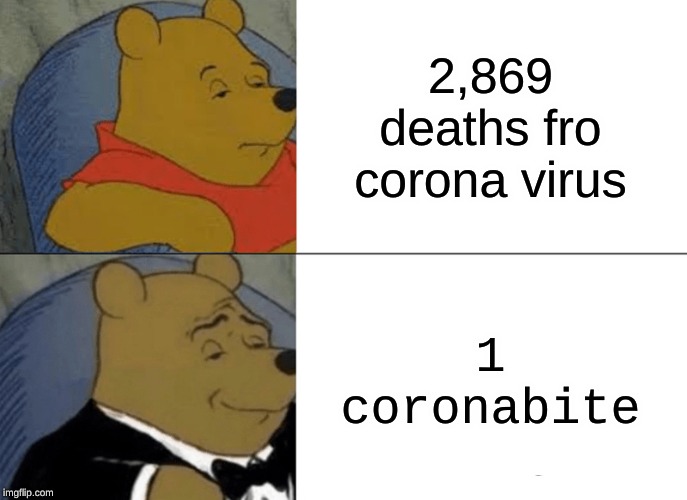 Tuxedo Winnie The Pooh | 2,869 deaths fro corona virus; 1 coronabite | image tagged in memes,tuxedo winnie the pooh | made w/ Imgflip meme maker