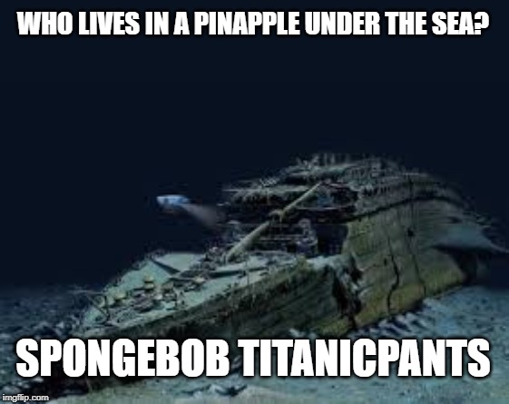 titanic spongebob | WHO LIVES IN A PINAPPLE UNDER THE SEA? SPONGEBOB TITANICPANTS | image tagged in titanic | made w/ Imgflip meme maker