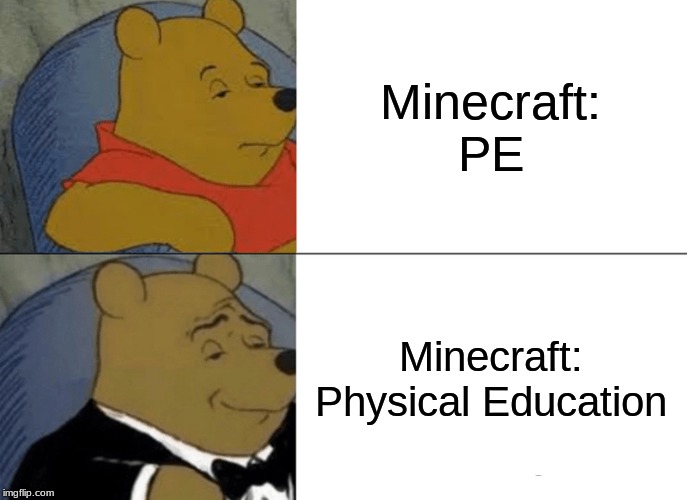 Admit it, you first thought of this too. | Minecraft: PE; Minecraft: Physical Education | image tagged in memes,tuxedo winnie the pooh | made w/ Imgflip meme maker