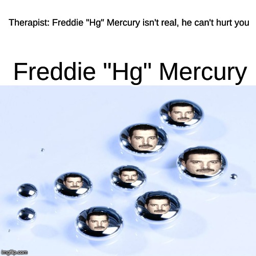Oh Really | Therapist: Freddie "Hg" Mercury isn't real, he can't hurt you; Freddie "Hg" Mercury | image tagged in queen,therapist | made w/ Imgflip meme maker