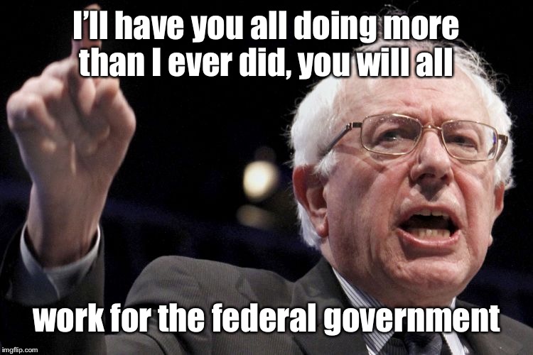Bernie Sanders | I’ll have you all doing more than I ever did, you will all work for the federal government | image tagged in bernie sanders | made w/ Imgflip meme maker