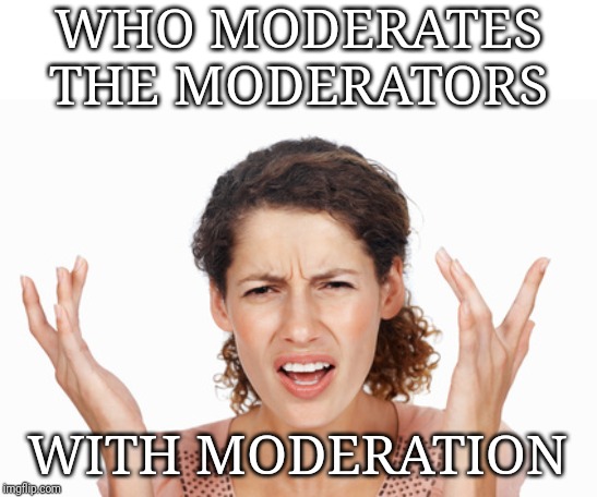 Indignant | WHO MODERATES THE MODERATORS WITH MODERATION | image tagged in indignant | made w/ Imgflip meme maker