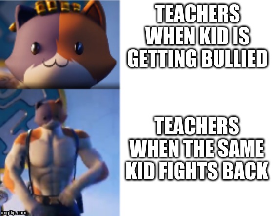 meowscles when... | TEACHERS WHEN KID IS GETTING BULLIED; TEACHERS WHEN THE SAME KID FIGHTS BACK | image tagged in fortnite,gaming,memes | made w/ Imgflip meme maker