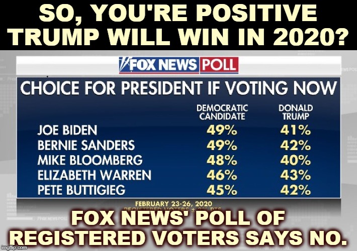 Trump Cult Weenies can't count. | SO, YOU'RE POSITIVE TRUMP WILL WIN IN 2020? FOX NEWS' POLL OF REGISTERED VOTERS SAYS NO. | image tagged in trump,election 2020,loser,failure | made w/ Imgflip meme maker