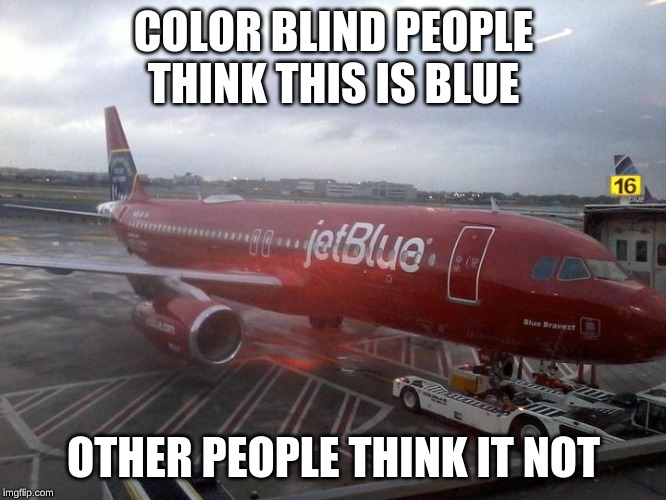 wrong color bill | COLOR BLIND PEOPLE THINK THIS IS BLUE; OTHER PEOPLE THINK IT NOT | image tagged in planes | made w/ Imgflip meme maker