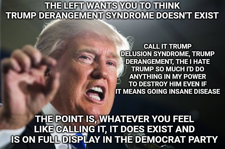 You can scream it doesn't exist all you want, but my eyes tell a different story. | CALL IT TRUMP DELUSION SYNDROME, TRUMP DERANGEMENT, THE I HATE TRUMP SO MUCH I'D DO ANYTHING IN MY POWER TO DESTROY HIM EVEN IF IT MEANS GOING INSANE DISEASE; THE LEFT WANTS YOU TO THINK TRUMP DERANGEMENT SYNDROME DOESN'T EXIST; THE POINT IS, WHATEVER YOU FEEL LIKE CALLING IT, IT DOES EXIST AND IS ON FULL DISPLAY IN THE DEMOCRAT PARTY | image tagged in donald trump,trump derangement syndrome | made w/ Imgflip meme maker