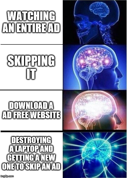 Expanding Brain | WATCHING AN ENTIRE AD; SKIPPING IT; DOWNLOAD A AD FREE WEBSITE; DESTROYING A LAPTOP AND GETTING A NEW ONE TO SKIP AN AD | image tagged in memes,expanding brain | made w/ Imgflip meme maker