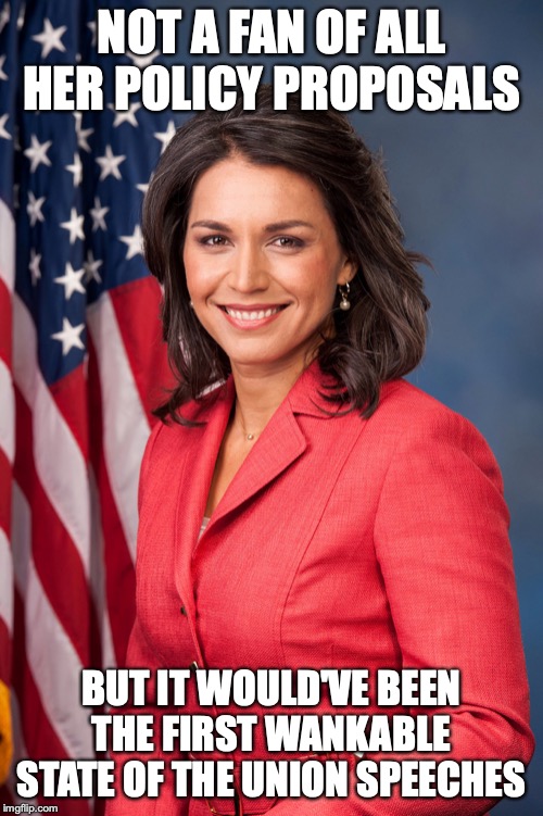 So much for our first hotty in the WH | NOT A FAN OF ALL HER POLICY PROPOSALS; BUT IT WOULD'VE BEEN THE FIRST WANKABLE STATE OF THE UNION SPEECHES | image tagged in tulsi gabbard | made w/ Imgflip meme maker
