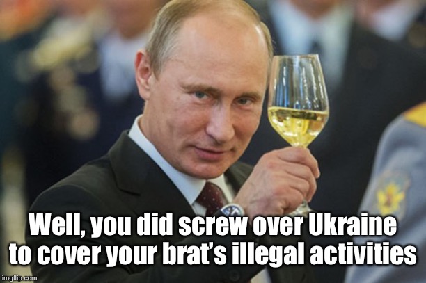 Putin Cheers | Well, you did screw over Ukraine to cover your brat’s illegal activities | image tagged in putin cheers | made w/ Imgflip meme maker