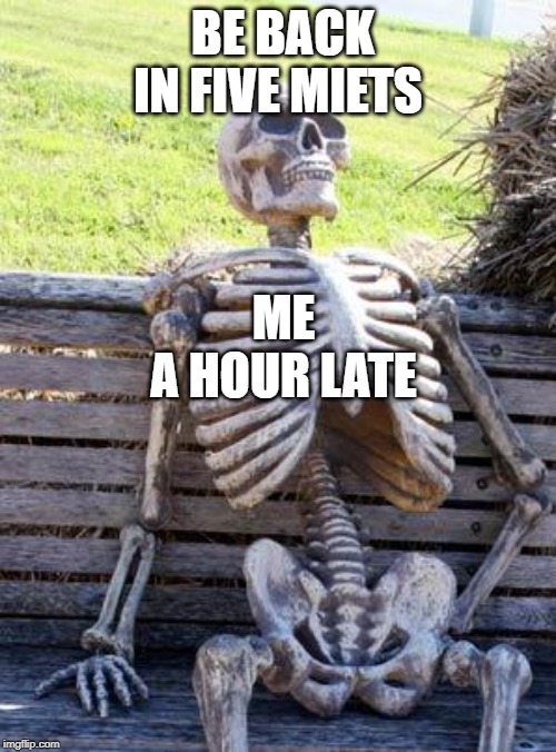 Waiting Skeleton Meme | BE BACK IN FIVE MIETS; ME
A HOUR LATE | image tagged in memes,waiting skeleton | made w/ Imgflip meme maker