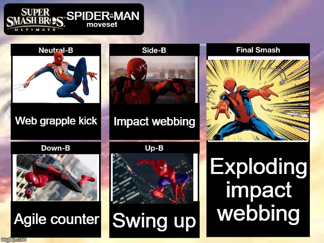 Spider-Man's moveset! | SPIDER-MAN; Web grapple kick; Impact webbing; Exploding impact webbing; Agile counter; Swing up | image tagged in smash ultimate custom moveset,super smash bros,dlc,spider-man,marvel,marvel comics | made w/ Imgflip meme maker