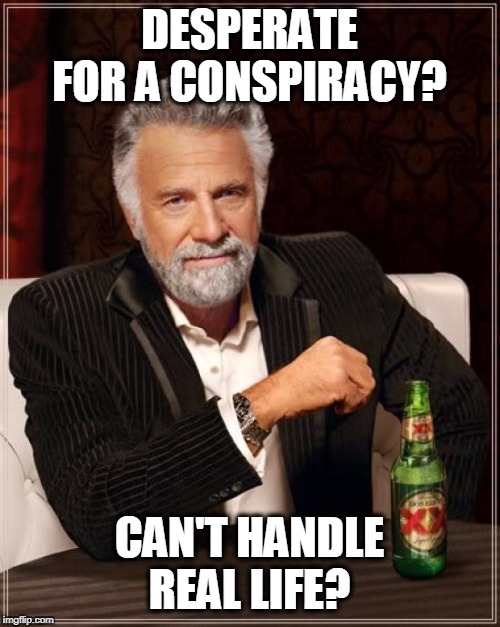 The Most Interesting Man In The World Meme | DESPERATE FOR A CONSPIRACY? CAN'T HANDLE REAL LIFE? | image tagged in memes,the most interesting man in the world | made w/ Imgflip meme maker