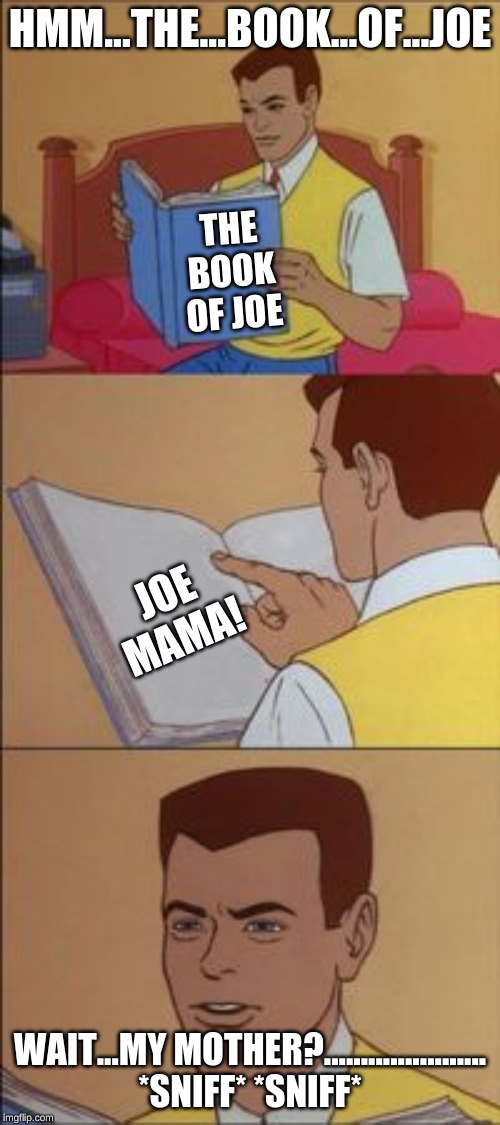 Peter parker so lonely, so very lonely |  HMM...THE...BOOK...OF...JOE; THE BOOK OF JOE; JOE MAMA! WAIT...MY MOTHER?......................
*SNIFF* *SNIFF* | image tagged in peter parker reading a book | made w/ Imgflip meme maker