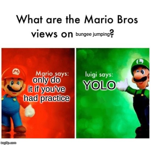 yoloooooo | bungee jumping; only do it if you've had practice; YOLO | image tagged in mario says luigi says | made w/ Imgflip meme maker