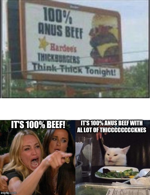 hilarious mispelled sign | IT'S 100% ANUS BEEF WITH AL LOT OF THICCCCCCCCKNES; IT'S 100% BEEF! | image tagged in memes,woman yelling at cat,lol,funny,funny memes | made w/ Imgflip meme maker