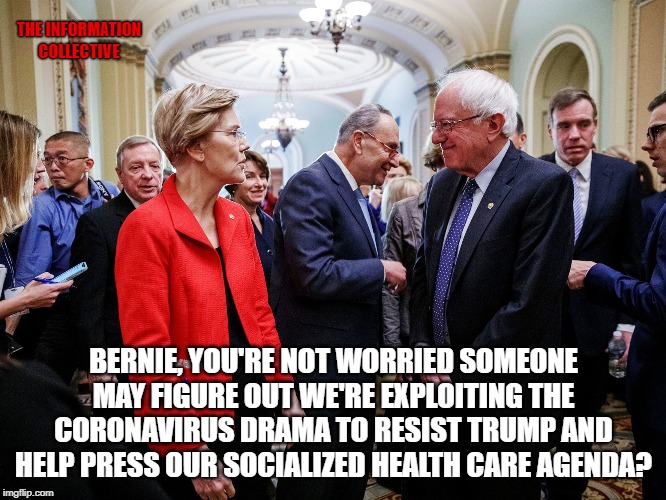 Seriously, who hasn't figured out your plan already?  We're only talking tens of thousands of infected rushing the border. | THE INFORMATION COLLECTIVE; BERNIE, YOU'RE NOT WORRIED SOMEONE MAY FIGURE OUT WE'RE EXPLOITING THE CORONAVIRUS DRAMA TO RESIST TRUMP AND HELP PRESS OUR SOCIALIZED HEALTH CARE AGENDA? | image tagged in politics,democrats,coronavirus,socialism,bernie sanders,elizabeth warren | made w/ Imgflip meme maker