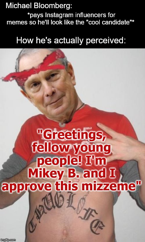 Nice try, Mike. | Michael Bloomberg:; *pays Instagram influencers for memes so he'll look like the "cool candidate"*; How he's actually perceived:; "Greetings, fellow young people! I'm Mikey B. and I approve this mizzeme" | image tagged in michael bloomberg,memes,2020 elections | made w/ Imgflip meme maker