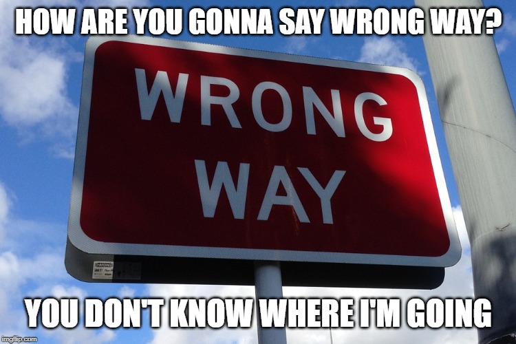 wrong way sign | HOW ARE YOU GONNA SAY WRONG WAY? YOU DON'T KNOW WHERE I'M GOING | image tagged in meme | made w/ Imgflip meme maker
