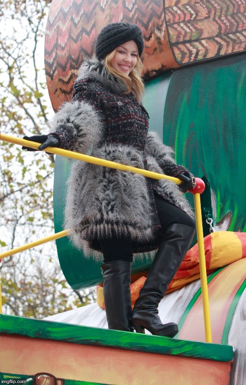 Kylie on Duck float (different angle) | image tagged in kylie duck,duck,thanksgiving,parade,celebrity,singer | made w/ Imgflip meme maker