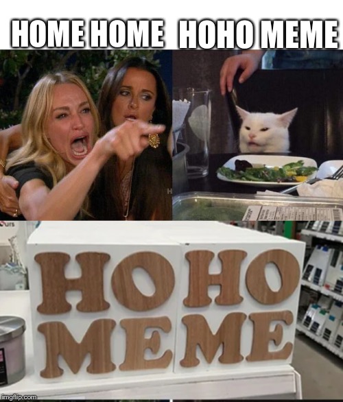 Hoho meme | HOHO MEME; HOME HOME | image tagged in memes,woman yelling at cat,cats | made w/ Imgflip meme maker