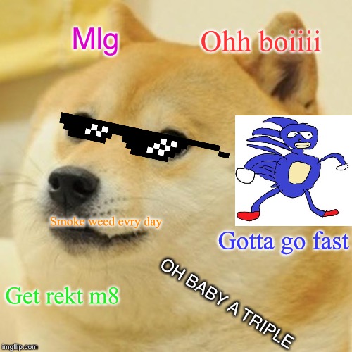 Doge Meme | Mlg; Ohh boiiii; Smoke weed evry day; Gotta go fast; OH BABY A TRIPLE; Get rekt m8 | image tagged in memes,doge | made w/ Imgflip meme maker