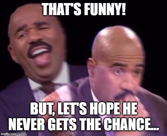 Steve Harvey Laughing Serious | THAT'S FUNNY! BUT, LET'S HOPE HE NEVER GETS THE CHANCE... | image tagged in steve harvey laughing serious | made w/ Imgflip meme maker