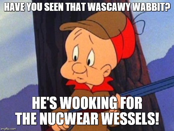 elmer fudd | HAVE YOU SEEN THAT WASCAWY WABBIT? HE'S WOOKING FOR THE NUCWEAR WESSELS! | image tagged in elmer fudd | made w/ Imgflip meme maker
