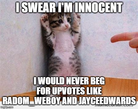 Upvote Beggars Acting All Innocent About Being Degenerate Upvote Beggars! | I SWEAR I'M INNOCENT; I WOULD NEVER BEG FOR UPVOTES LIKE RADOM_WEBOY AND JAYCEEDWARDS | image tagged in innocent,begging for upvotes,beggar,funny memes | made w/ Imgflip meme maker