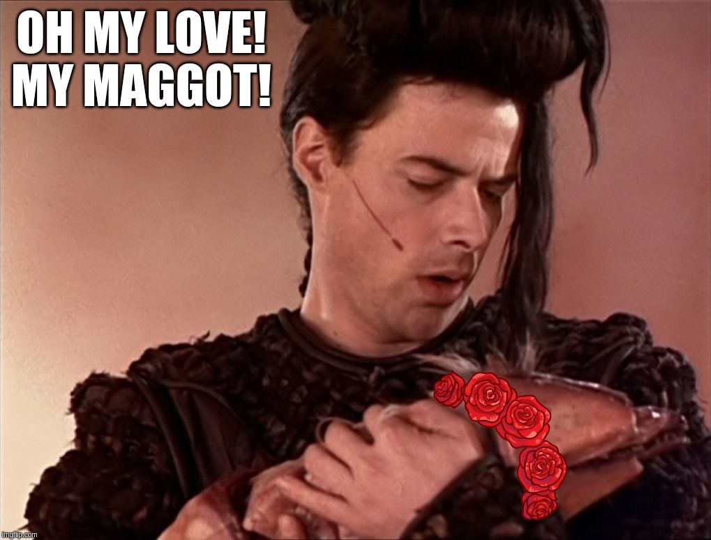 Kai's love of the Maggot is ghostly | OH MY LOVE! MY MAGGOT! | image tagged in kai,lexx,maggot,love,kalki | made w/ Imgflip meme maker