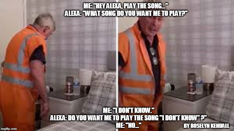 When Alexa thinks she's cute | ME: "HEY ALEXA, PLAY THE SONG..." 
ALEXA: "WHAT SONG DO YOU WANT ME TO PLAY?"; ME: "I DON'T KNOW."
ALEXA: DO YOU WANT ME TO PLAY THE SONG "I DON'T KNOW" ?"
ME: "NO..."; BY ROSELYN KENDALL | image tagged in when alexa thinks she's cute | made w/ Imgflip meme maker