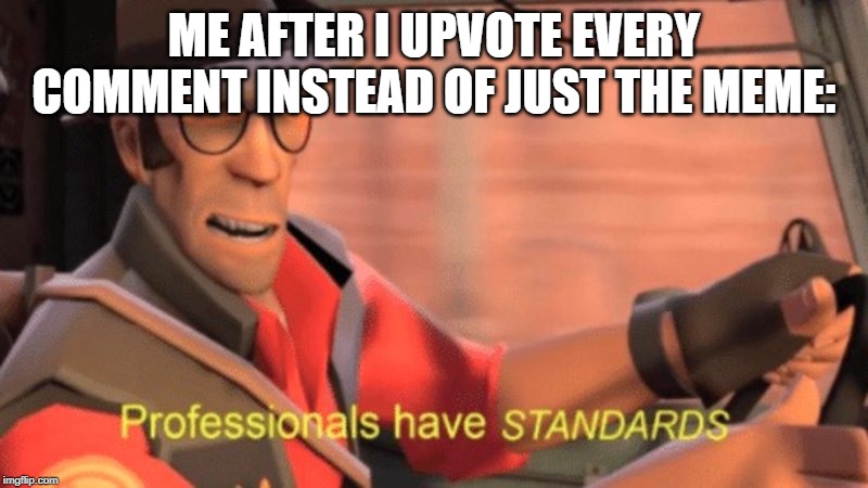 I have good standards | ME AFTER I UPVOTE EVERY COMMENT INSTEAD OF JUST THE MEME: | image tagged in professionals have standards,stop reading the tags,yeah this is big brain time,yes | made w/ Imgflip meme maker