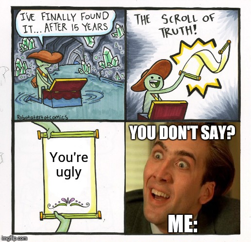 I already know man, why gotta be so rude? | YOU DON'T SAY? You're ugly; ME: | image tagged in memes,the scroll of truth,you don't say | made w/ Imgflip meme maker