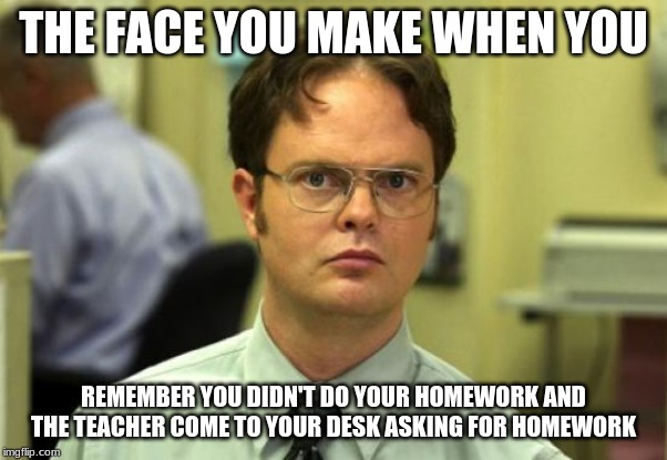 Dwight Schrute | THE FACE YOU MAKE WHEN YOU; REMEMBER YOU DIDN'T DO YOUR HOMEWORK AND THE TEACHER COME TO YOUR DESK ASKING FOR HOMEWORK | image tagged in memes,dwight schrute | made w/ Imgflip meme maker