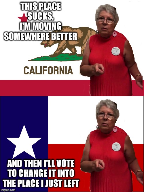 Don't California my Texas | THIS PLACE SUCKS, I'M MOVING SOMEWHERE BETTER; AND THEN I'LL VOTE TO CHANGE IT INTO THE PLACE I JUST LEFT | image tagged in california flag,texas flag | made w/ Imgflip meme maker