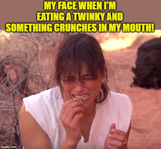 oh no! | MY FACE WHEN I'M EATING A TWINKY AND SOMETHING CRUNCHES IN MY MOUTH! | image tagged in twinky,crunchy,yuk | made w/ Imgflip meme maker