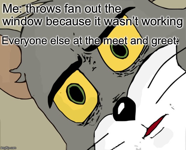 Unsettled Tom Meme | Me: throws fan out the window because it wasn’t working; Everyone else at the meet and greet: | image tagged in memes,unsettled tom | made w/ Imgflip meme maker